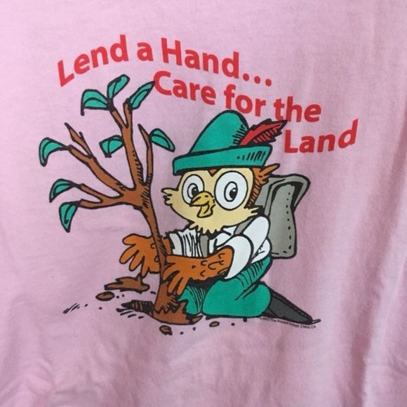 Woodsy Owl T-Shirt M Pink Lend A Hand Care For The Land Retro Classic - Picture 2 of 2
